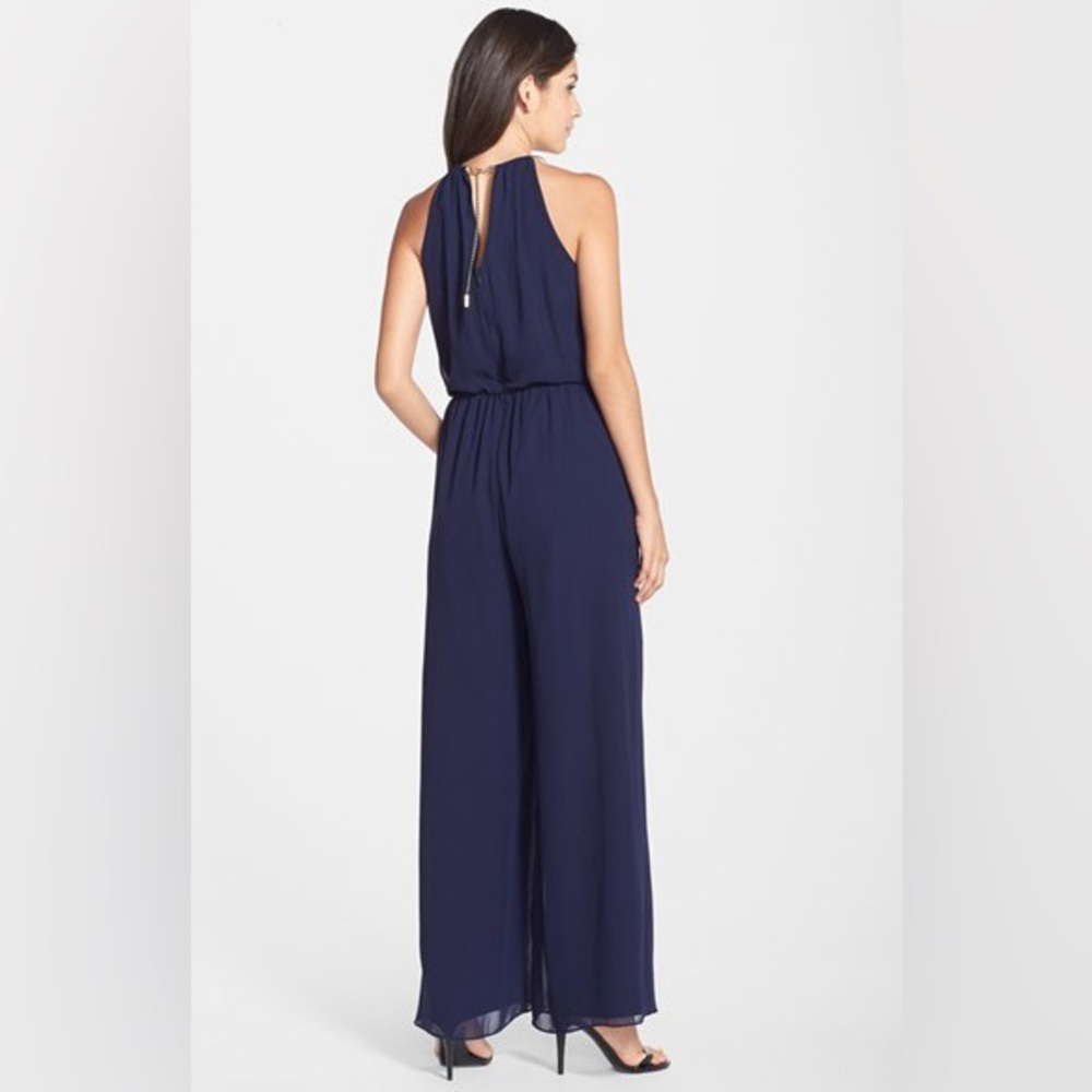 Vince Camuto Navy Blouson Halter Gold Choker Wedding Guest Jumpsuit 4 - Picture 4 of 13